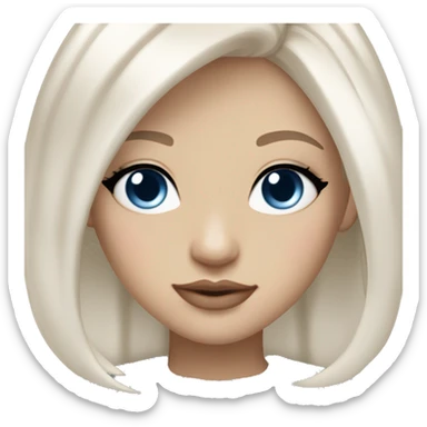 slavic girl medium length white straight hair, blue eyes, light pink beige glittery lips sticker