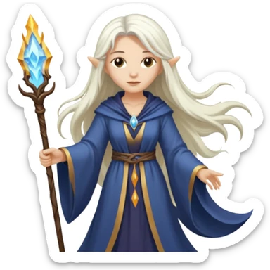 White Long Haired Women, Sorceress with staff — flowing white hair, calm face. sticker