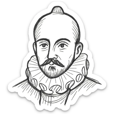 a hand drawn black outline portrait of philosopher Montaigne with similar-sized eyes based a famous portrait of him sticker