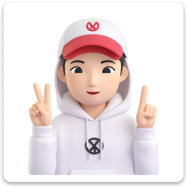 memoji-style Chinese American character for a profile photo, wearing a hoodie and a baseball cap, making a peace sign, white background sticker