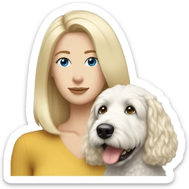 White lady with shoulder length blonde straight hair and blue eyes and her white golden doodle dog sticker