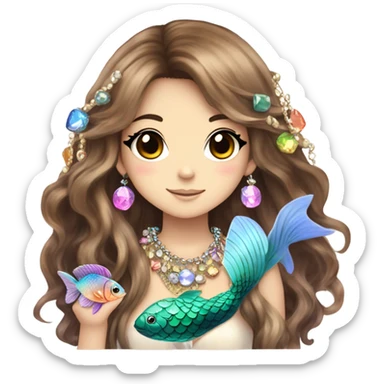 mermaid hime gyaru girl with fish scales, brown hair, jewerly sticker