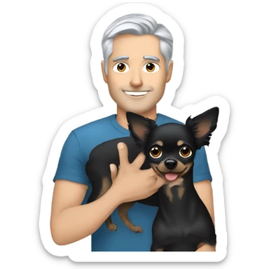 Handsome man with gray hair and blue eyes holding all black long haired chihuahua sticker
