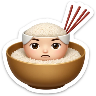 A bowl of rice with a small worried face. It holds chopsticks and a spoon, looking like it wants to take care of you. sticker