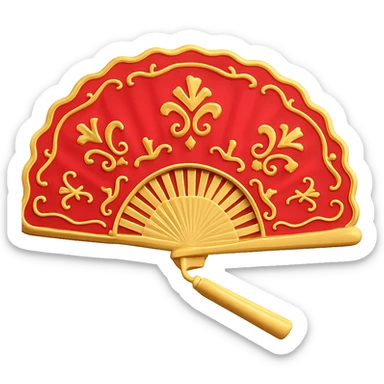 Add gold details to the red hand fan in the style of microsoft 3D fluent emojis. Keep the 3D emoji style with no background. sticker