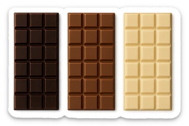 3 BARRETTE DI CIOCCOLATO, UNA FONDENTE, UNA AL LATTE E UNA BIANCA, VISTE DALL'ALTO, IPERREALISTICO 4K sticker