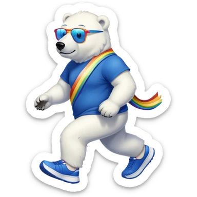 strong-looking friendly anthropomorphised polar bear walking with a confident stride, wearing a royal blue t-shirt, black pants, trainers, and colorful rainbow glasses sticker