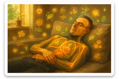 Uomo sdraiato su un divano nel primo pomeriggio, mentre fa un breve riposino. Il suo corpo appare parzialmente trasparente o stilizzato, con luce calda e flussi energetici dorati e verdi che scorrono attraverso muscoli, cervello, e organi. Intorno a lui si vedono piccoli simboli di rigenerazione: cellule che si rinnovano, tessuti che si illuminano, aura rilassata. L'ambiente è calmo e ordinato, luce naturale che entra da una finestra, atmosfera rigenerante, stile realistico con accenti metaforici. sticker