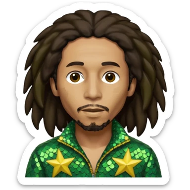 Bob Marley with long dark brown hair, olive sequin outfit sticker