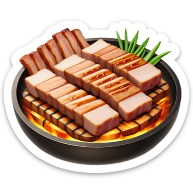 Cinematic Realistic Samgyeopsal Dish Emoji, depicted with sizzling, thick slices of pork belly grilled to perfection rendered with rich textures and warm, inviting lighting. sticker