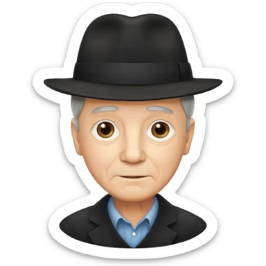 A light-skinned old man with short dark hair, and a black fedora, with an oval face and calm look. sticker