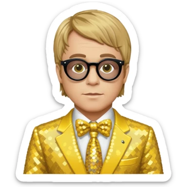 Elton John with dark blonde hair, yellow sequin suit sticker