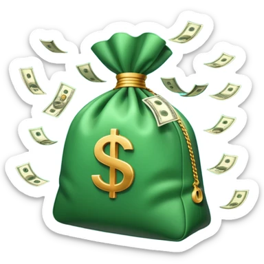 

3D emoji style, big bag of money, flying dollar bills, rich casino vibe, smooth lighting, high detail, clean edges, transparent background



 sticker