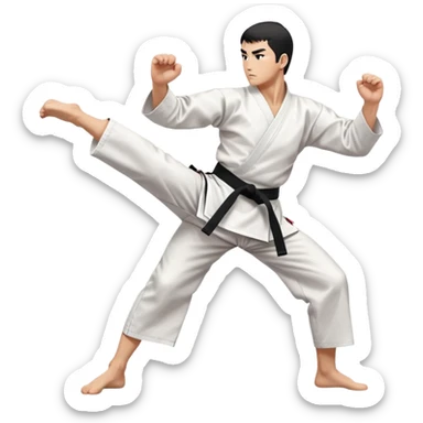 A disciplined karateka in white gi and black belt, performing a mid-side kick pose, calm facial expression with focused eyes, minimal but powerful, traditional Japanese dojo feel sticker