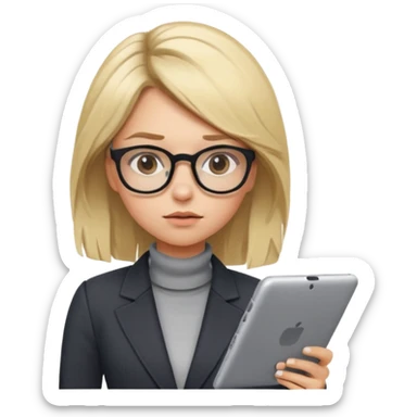 A cute blonde girl emoji in cartoon style as a professional presentation designer. She wears stylish glasses, a modern outfit like a chic blazer or turtleneck, and holds a digital tablet or stylus. She has a tired expression with messy hair. sticker