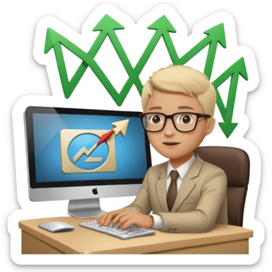 A person sitting at a desk working and looking at a computer with upward arrows and percentage signs, suggesting digital sales, marketing, or outreach. sticker
