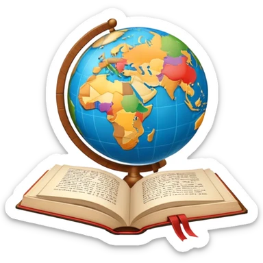 An icon featuring a globe with speech bubbles in different languages, symbolizing the study of foreign languages. The design includes a book and a pencil, representing learning and communication across cultures. Transparent background highlights the global nature of language education. sticker