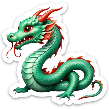 Cinematic Cute Chinese Serpent Dragon Portrait Emoji, Head tilted playfully and inquisitively, showcasing a slender, flowing body with vibrant jade scales and soft vermilion accents intertwined with whimsical wisps of cloud and water details; rendered with realistic finesse and warm natural light, high shine, charming and spirited, styled with a touch of mythic whimsy, soft glowing outline, capturing the essence of a mischievous yet endearing celestial dragon poised to weave magic into your dreams! sticker