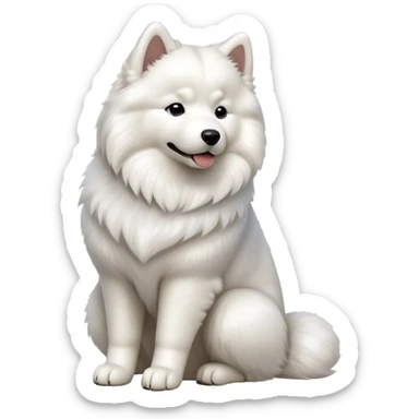 cinematic-[samoyed]-realistic-full-body-sitting-emoji,-tail-resting-loosely-beside-its-paws,-head-tilted-dramatically, -fluffy-[white]-fur,-simplified-yet-realistic-focused-features,-highly-detailed,-glowing-with-an-almost-sarcastic-glow sticker