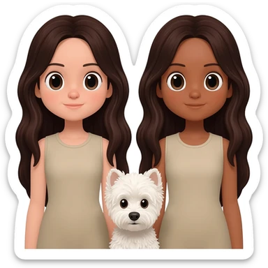 Only include faces two identical girls both with very dark long brown hair and darker beige ish skin with a white dog small dog sticker