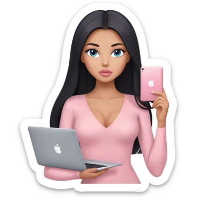 Glamours, tanned, very beautiful girl, with big pump peach-beige-rose lips, long lashes, black straight smooth silky long hair, straight parting hair, blue-grey eyes, in light-pink v-neck bodysuit holding MacBook sticker