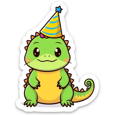 Grumpy bearded dragon with a birthday hat sticker