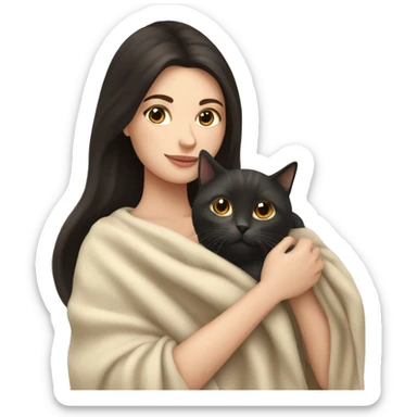 pretty white woman with dark hair petting cat in beige blanket sticker