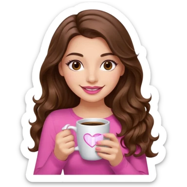 girl with long wavy brown hair, brown eyes, long lashes makeup, sexy pink lips, light to medium complexion, pink sexy top, with a coffee mug sticker