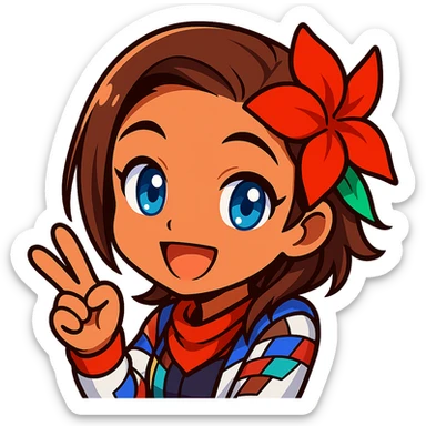 Azucena from Tekken 8 in chibi sticker style, giving a peace sign with a cheerful expression, designed for Twitch emote use. sticker