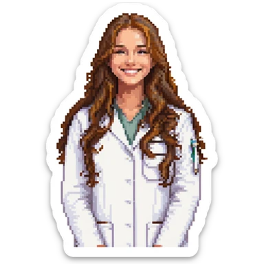 young woman, brown long wavy hair, medical white clothes, friendly, front view, smiling sticker