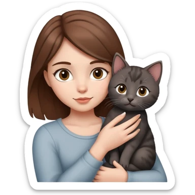 Girl with brown hair holding a grey and black kitten with love  sticker