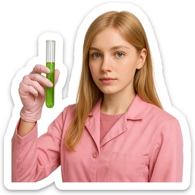 blonde girl with green-grey eyes, dressed in pink clothes, holding a test tube, chemist style sticker