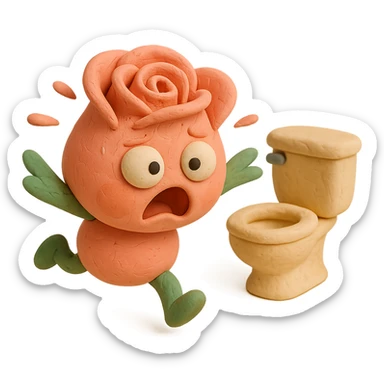 Make this a claymation-style soft pink rose flower character with puffed cheeks, dark round eyes, a round chubby body, curled rose petals on top, and stubby green leaf arms and legs – pastel tones, chibi round shape. Change the expression to panicked, with bulging eyes and flailing leaf arms as it rushes to the bathroom. Keep the rose characteristics and overall style. sticker