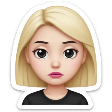  Girl emoji with round face, white skin, sharp eyebrows, frowning face, black shirt, pink lips, and big eyes  sticker