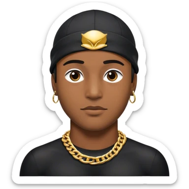 Brown skin man with black swim cap on wearing a gold chain necklace and a black shirt sticker