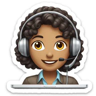 lightly brown indian call center girl with dark brown medium curly hair smiling and wearing a headset while working on a laptop from a quarter angle  sticker