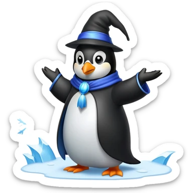 penguin wizard casting an ice spell with snowflakes and frost sticker