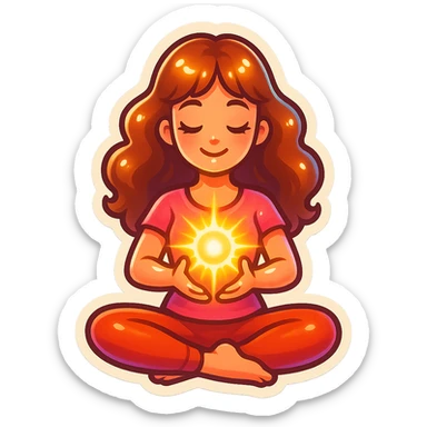 detailed, cute, feminine girl in lotus pose holding glowing energy, retro stickers style with shadows and highlights, transparent background sticker
