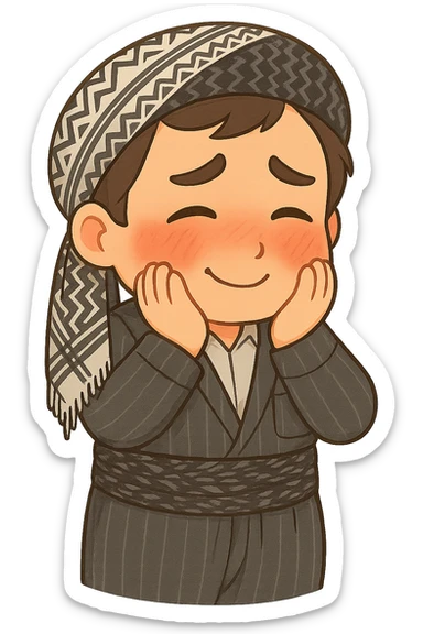 Cartoon sticker of a Kurdish man in the same clothes and scarf as the reference image, no changes to clothes or scarf. Face showing shy and embarrassed expression with red cheeks, looking down or to the side. Both hands on cheeks. Colorful and cheerful style, no shadows or color halos around the image, no text, suitable for WhatsApp and Instagram, with a fully transparent background. sticker