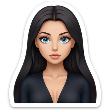 Glamours make-up, tanned, beautiful, girl, with blue eyes, big pump peach-beige-rose lips, eyeliner, long lashes, black straight smooth silky long hair, parting hair in the middle,  in black v-neck bodysuit long sleeves sticker