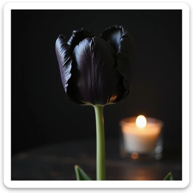 realistic goth tulip with black petals wilted with candle beside, photorealistic style sticker