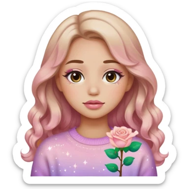 “Emoji girl, soft eyeliner, gradient rose lips, light brown shimmer eyeshadow, sparkly aegyo-sal, long wavy hair, cozy pastel sweater.” sticker