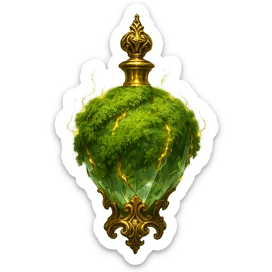 very luxurious crystal elixir bottle covered with living green moss, lots of glowing edges, ornate golden details, magical effects, very small golden neck, beautiful merging base, clearly floating in air, no base or shadow, premium class, natural, magical, fits collection, transparent background sticker