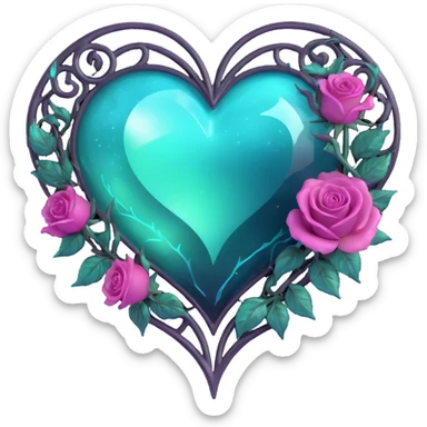 gothic heart made of aurora glass with a silver crescent moon, gradient roses, holographic stardust, neon teal lightning, splintered drenched glass sticker