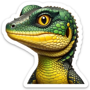 cinematic-realistic-cute-monitor-lizard-portrait-emoji,-head-tilted-playfully-and-inquisitively,-featuring-a-compact,-agile-body-with-finely-detailed,-glossy-scales-in-earthy-black and yellow-hues-and-a-distinct,-alert-face-with-bright,-curious-eyes, black , yellow spotted and green band  scales sticker