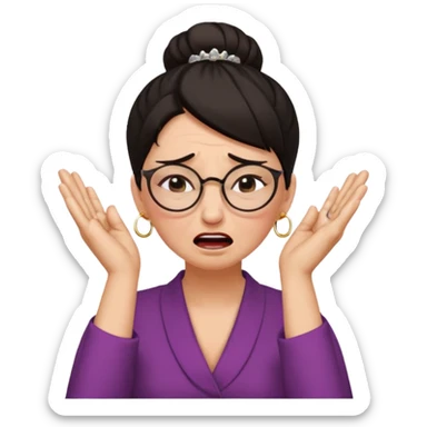  middle aged woman with dark hair pulled up in a high bun, wearing round ring earrings and glasses with a very painful expression on her face, eyes squeeed shut, wincing in pain,covering her ears with her hands, trying to not hear a terrible singer who is too loud and out of tune.  sticker