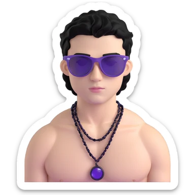 shirtless male athlete with white skin and moderately curly black hair on top with shaved sides, wearing purple sunglasses with very dark heavily tinted black lenses that completely hide the eyes, and a plain black chain necklace sticker