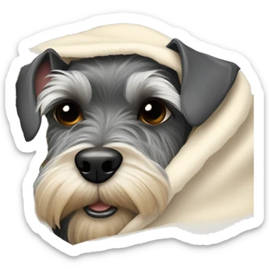The miniature Schnauzer lies under a blanket sticker