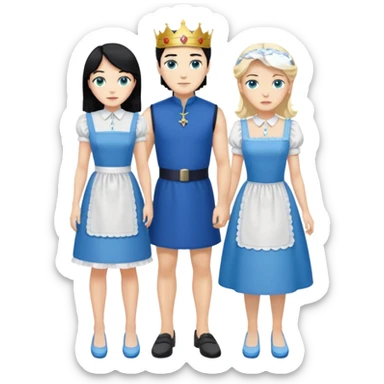 King, black hair, body, legst, blue eyes, blue garmont,  shoes, maid blonde hair, green eyes, sexy short sleveless White dress, shoes sticker