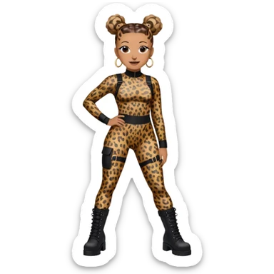 Melanie Brown smiling with her hair in space buns and wearing a tight leopard print two piece bodysuit and black combat boots sticker